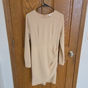 Long-Sleeve Nude Sheath Dress with Draped Skirt